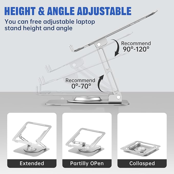 Laptop Stand for desk(360°Rotating),Aluminum laptop Riser for 10-16"Laptops | Adjustable Multi-Angle Ergonomic Laptop Stand, Foldable Portable for Home Office, Fits MacBook Air Pro Dell HP Laptops - Image 4