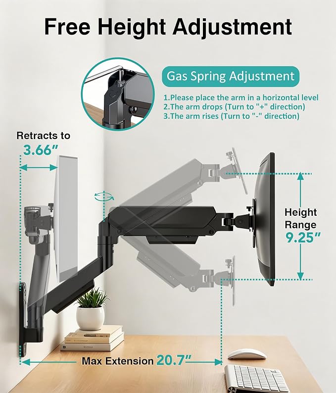 Single Monitor Wall Mount for 17 to 32 inch Flat/Curved Computer Screens,Full Motion Adjustable Mechanical Spring Monitor Wall Arm Holds Up to 22lbs,VESA Wall Mount 75x75/100x100, Black - Image 6