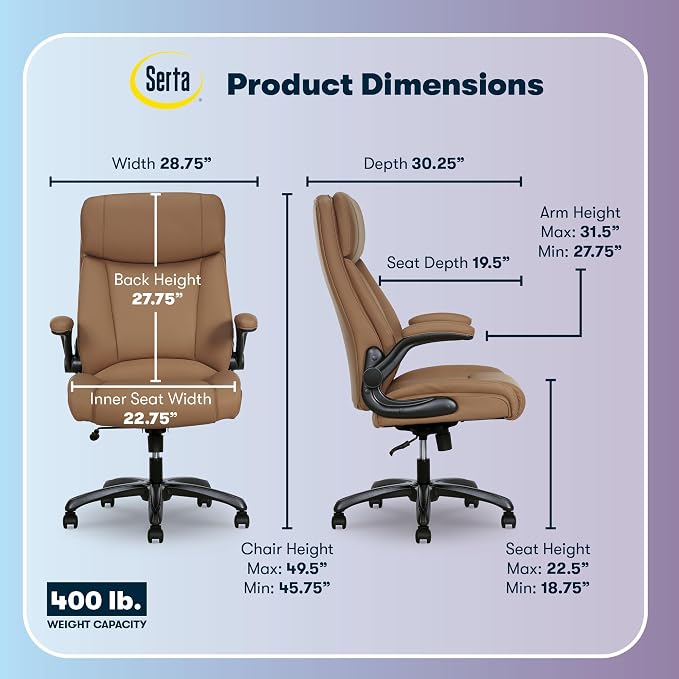 Serta Big and Tall Office Chair with Lumbar Support, Flip Arm Leather Chair | Torrington Ergonomic 400lb Capacity Office Chair, Back Support, Adjustable Height & Reclining, Home Office Gaming Chair, Tan - Image 2