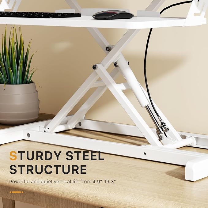 JOY worker 35" Standing Desk Converter, Height Adjustable Stand Up Riser | White Desk Top Stand Up desk Riser with Fixed Keyboard Tray, Dual Monitor and Laptop Workstation, Particle Board, Home Office - Image 8