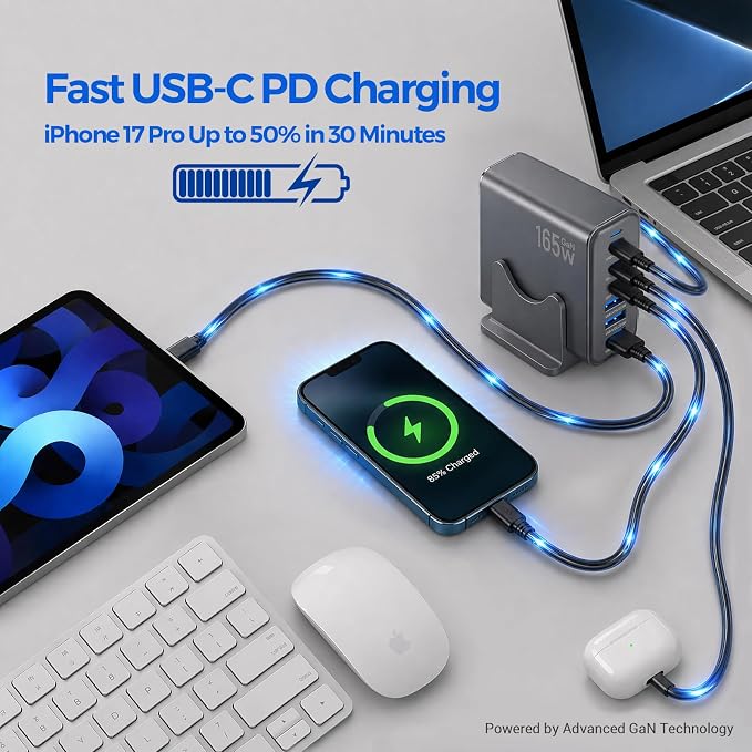 165W GaN Charging Station, 6-Port USB C & USB A Charger, Dark Gray | 165W GaN, 6-Port USB Charging Station, 3x40W USB-C + 3x15W USB-A, ABS+PC, Charge 6 Devices, Home Office Travel - Image 3