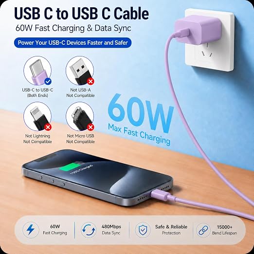 chcela 60W USB C to C Cable 3 Pack 6FT PD 3.0 Fast Charging Cord -Purple | Reliable 60W PD 3.0 USB-C cables support fast charging and data sync for iPhone 17, Galaxy S26,MacBook Air/Pro and iPad Pro - Image 2