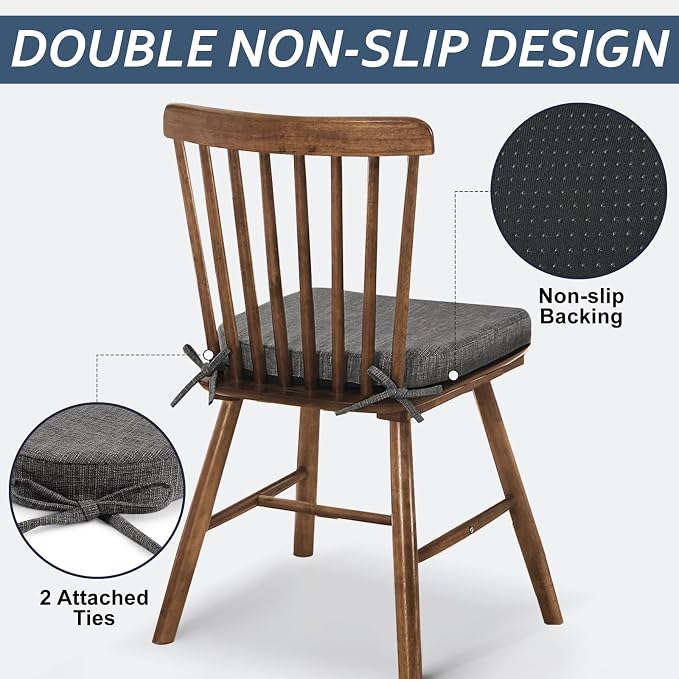 Basic Beyond Chair Cushions for Dining Chairs 4 Pack, Kitchen Chair Cushions with Ties and Non Slip Backing, 16 x 16 inches Chair Pads for Dining Chairs (Dark Grey) - Image 3