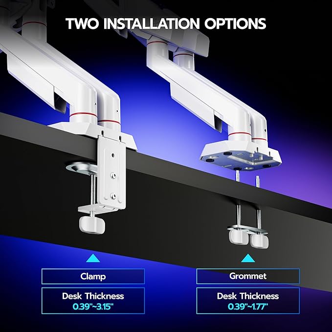 ARES WING 17-35 Inch Heavy Duty Dual Monitor Arm with USB, White | Fully Adjustable Monitor Mount for Flat Curved Ultrawide Screens Up to 26.5lbs, C-Clamp & Grommet Base, 75/100 Vesa Mount - Image 7