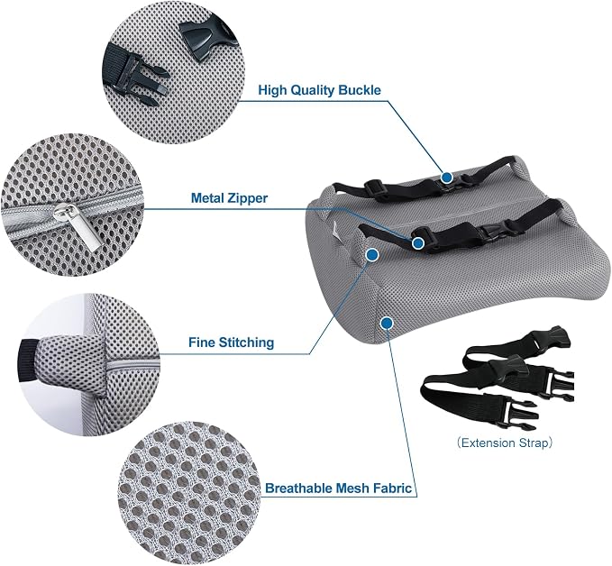 Lumbar Pillow for Chair and Car, Back Support for Office, Memory Foam Cushion with Mesh Cover - Gray - Image 4