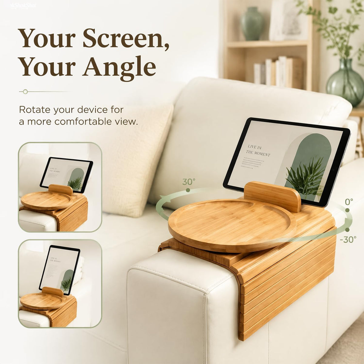 Couch Arm Tray, Bamboo Sofa Arm Tray,Foldable with 360° Rotating Phone Holder - Image 3