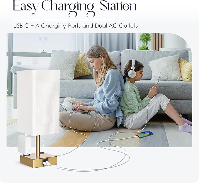 Set of 2 Bedside Table Lamp 3 Way Dimmable Nightstand Lamp with USB C & USB A Charging Port, 2 AC Outlets, 3000K LED Bulbs (Pleate) - Image 6