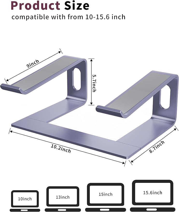 ALASHI Laptop Stand for Desk, Aluminum Computer Riser, Ergonomic Notebook Holder, Detachable Metal Laptops Elevator, PC Cooling Mount Support 10 to 15.6 Inches Notebook, Light Purple - Image 2