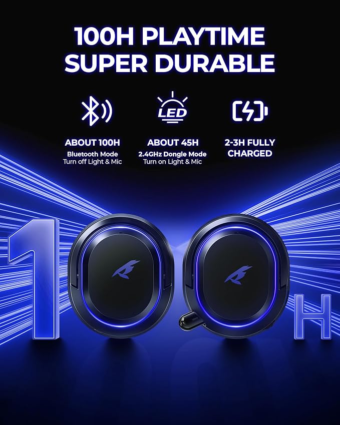 Wireless Gaming Headset, 7.1 Surround Sound, 2.4GHz USB Gaming Headphones with Bluetooth 5.4, 100H Battery, ENC Noise Canceling Mic, RGB Light, Wireless Headset for PC PS5 PS4 Mac Switch (Black-Blue) - Image 3