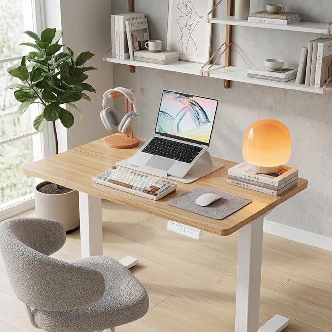 HUANUO 32x19 Inch Small Electric Standing Desk, Adjustable, Light Walnut | 176 Lbs Capacity, Rounded Corners, Wheel-Ready Feet, Compact Desktop, Apartment Workspace, 28.3–46.5 Inch Height Range - Image 2