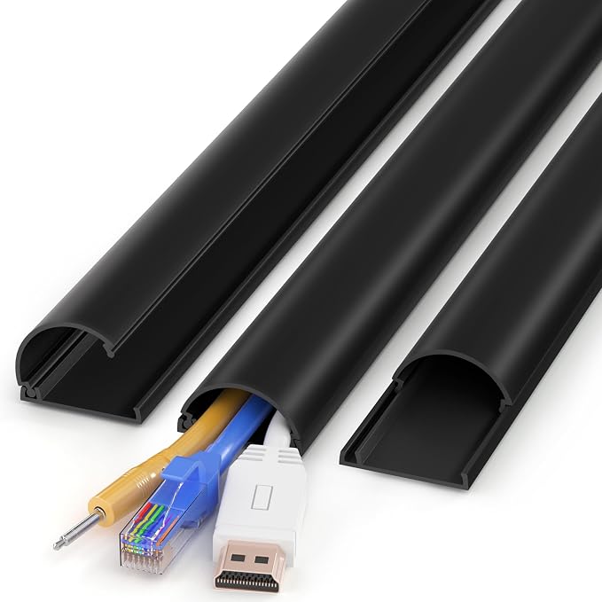ZhiYo 42.5in Cord Hider for 2-4 Wall-Mounted TV Wires, 1.4"W x 0.7"H, Black | Split-Hinge Design for Easy Installation, Half-Round Glazed Finish Ideal for Wall/Baseboard, Self-Adhesive, 3Pack(14.2" Each) by ZhiYo