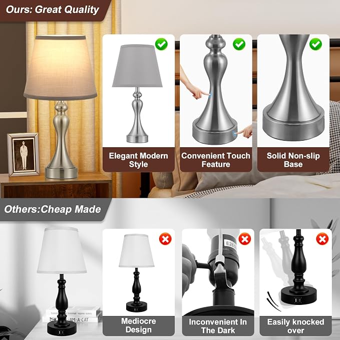 Touch Lamps for Nightstand, 3 Way Dimmable Bedside Lamps with USB C+A Ports | Touch Control, LED Bulb Included, Small Silver Table Lamp for Bedroom, Night Stands, End Table, Gift，Corded，Grey Shade - Image 8
