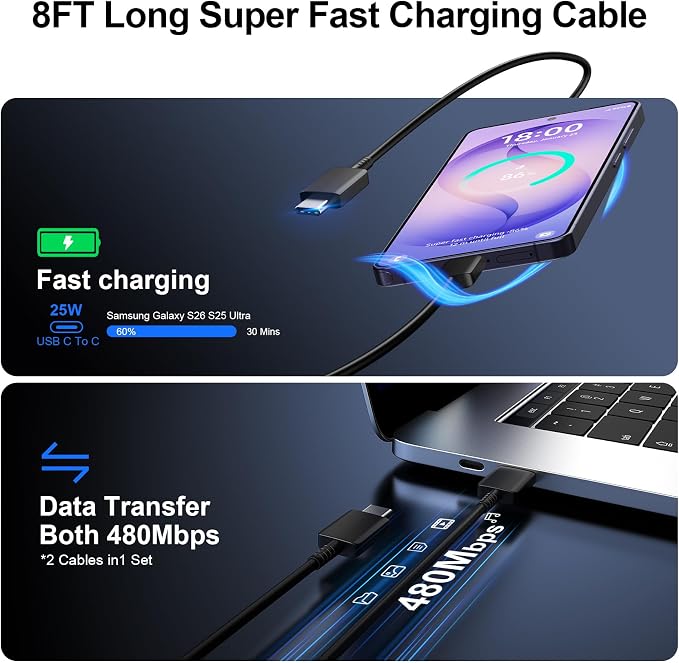 Super Fast Charger Type C, 25W USB C Wall Charger Fast Charging for Samsung Galaxy S26 Ultra/S26/S26+/S25 Ultra/S25/24 Ultra/S24/S23 Ultra/S22 Ultra with 8FT Long Android Type C Charger Cable 2Pack - Image 5