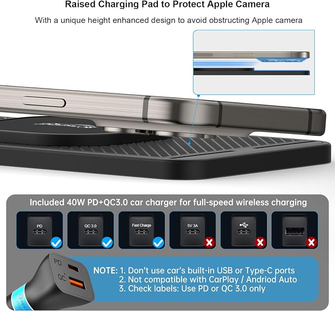 Magnetic Wireless Car Charger Pad, REESTECQI 15W Wireless Charging Pad for Magsafe Charger Non Slip Type C with 40W Car Charger for iPhone 17/16/15/14/13/12, Airpods (30CM Cable) - Image 5