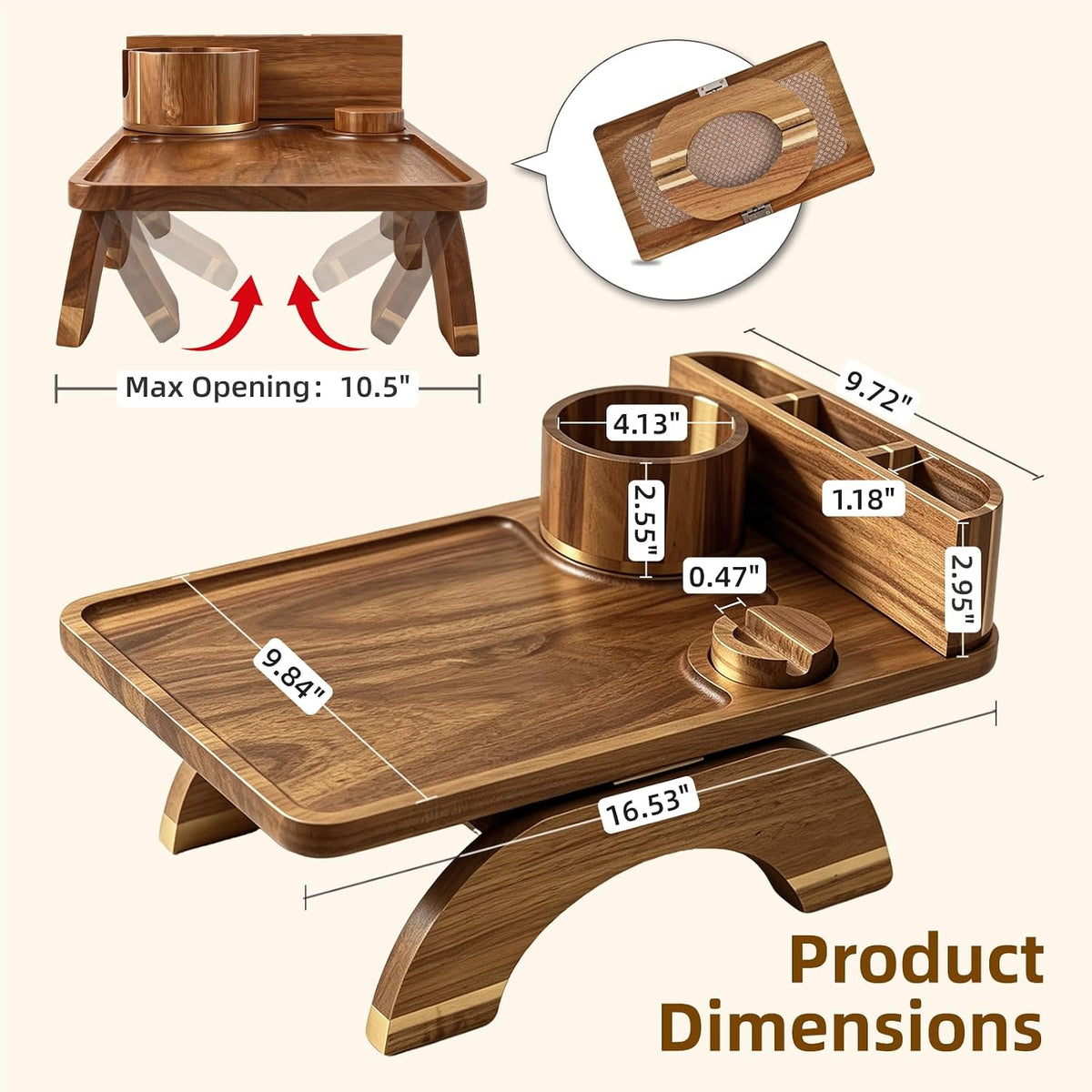 Couch Armrest Table, 4-in-1 Solid Acacia Wood Non-Slip Sofa Armrest Tray with Cup Holder, Phone Stand & Remote Control Slot for Drinks, Snacks & Remotes - Image 2