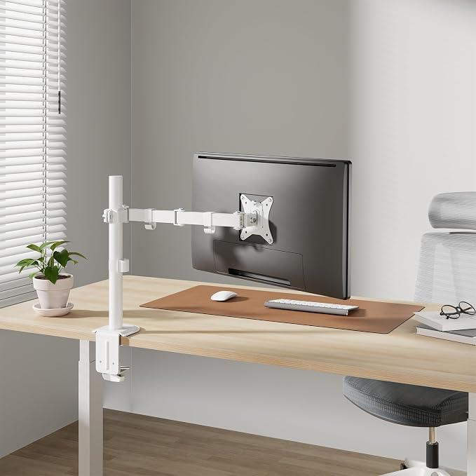 Mount-It! Single Monitor Arm Desk Mount, 17-32", White | Full motion with tilt, rotation, swivel & height adjustment along pole, clamp or grommet, VESA 75/100. - Image 9