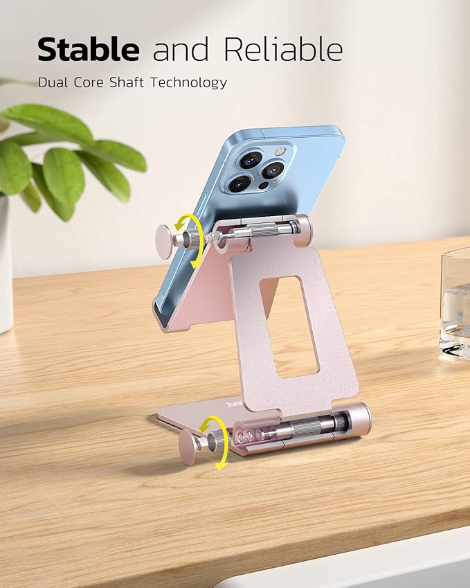 Nulaxy Full Aluminum Dual Folding Cell Phone Stand for Desk, Rose Gold | Height Angle Adjustable, Portable, Anti-Slip Base, Fits 18mm Thick Case Smartphone, Nintendo Switch Desk Essential Accessory - Image 4