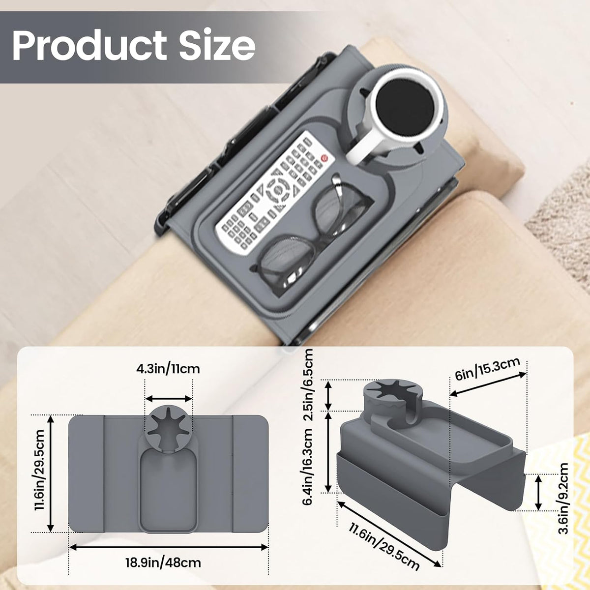 Couch Cup Holder Tray, Silicone Sofa Armrest organizer with Side Pockets for Storage Remotes, Cell-phone,Tablet or Snack, Anti-Spill and Anti-Slip Sofa Arm Tray for Recliner, Armchair Caddy (Gray) - Image 2