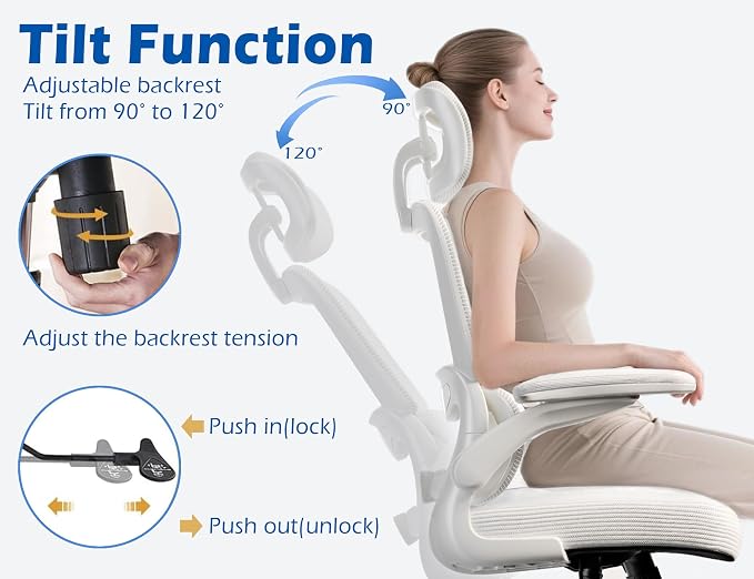 TRALT Ergonomic Office Chair Desk Chair with Adjustable Lumbar Support | Home Office Desk Chairs with Flip-up Armrests & 3D Headrest - Mesh Gaming Chairs for Adults, 330lbs, PU Leather (White, 1) - Image 7