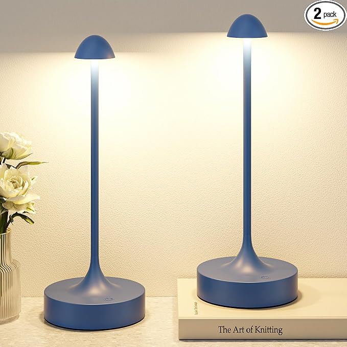 Kakanuo Rechargeable Cordless Table Lamp, Battery Operated Lamps, 3-Color Stepless Dimming, Portable Wireless Desk Lamp, LED Lighting for Dining Room, Restaurant, Office, Bar, Home(Navy 2 Pack) by KakanuoLightings