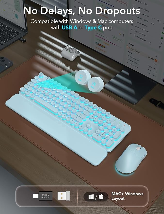 Wireless Keyboard and Mouse Backlit - Typewriter, Magnetic Wrist Rest | Retro Round Keys, Light Up Letters, 2.4GHz Cordless Combo for Mac, Windows, PC, Laptop, Trueque CK23Pro [Upgraded] - Image 3