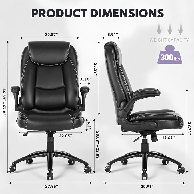 MALOL 300lbs Office Chair with Flip-Up Armrests & Reclining Backrest, Ergonomic PU Leather Executive Desk Chair-Adjustable Height & Tilt Tension, Black - Image 3