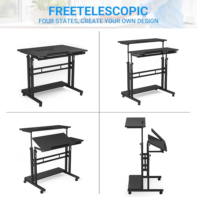 Mobile Standing Desk, Adjustable Rolling Computer Desk with 3 Desktops, Portable Laptop Table with Cup Holder, Home Office Laptop Workstation on Lockable Wheels, Black | Triple desktops, cup holder, lockable wheels, portable workstation, for home office - Image 8