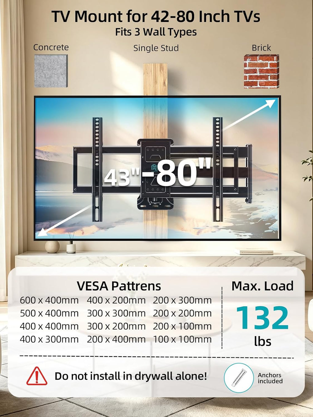 Corner TV Wall Mount Long Arm TV Wall Mount for 43-80 Inch TVs - Image 2