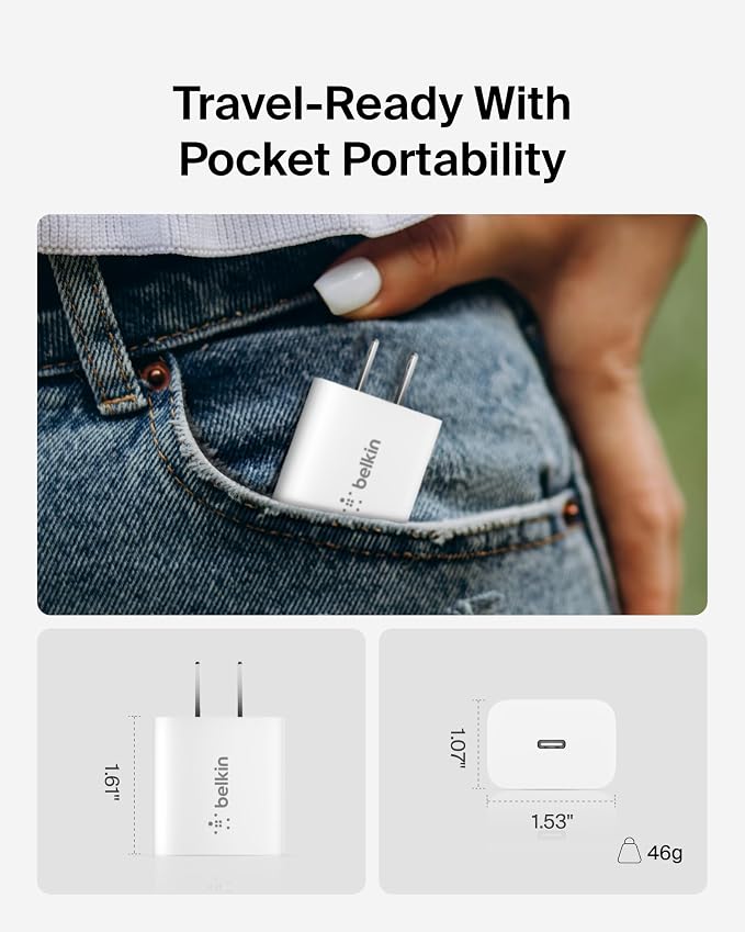 Belkin 20W Compact USB C Charger Block, 2 Pack, Fast Charging for Travel | Fast Charging, iPhone 17, Air, Pro, Pro Max, iPad, AirPods, Apple Watch, Samsung Galaxy S25, Switch 2 - Image 4
