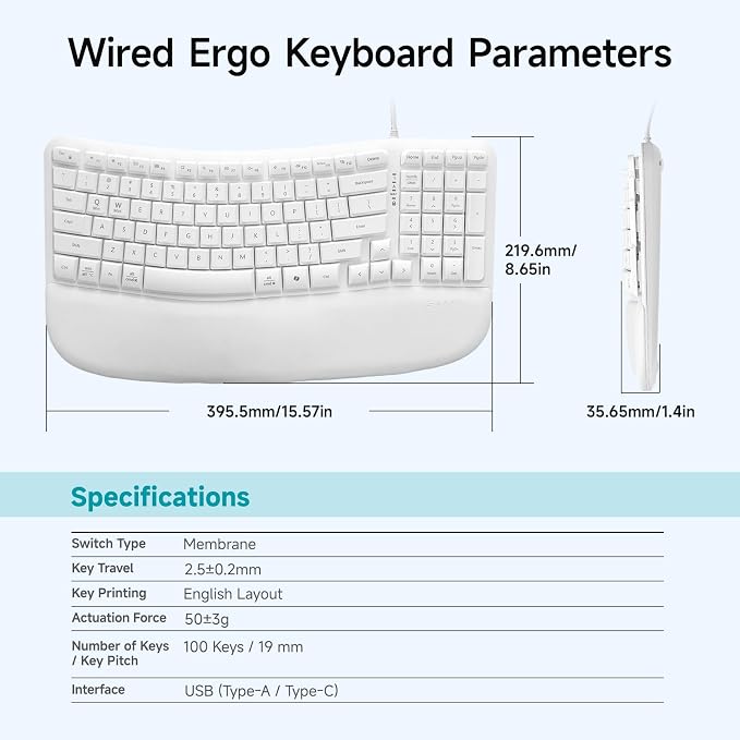 SANWA Wired Ergonomic Keyboard, Curved Wave Keyboard with Cushioned Wrist Rest, Compact Full-Size Layout, USB-A & C Port, 13 Shortcuts Keys, Natural Typing, Compatible with Win/Mac, Laptop, PC, White - Image 8