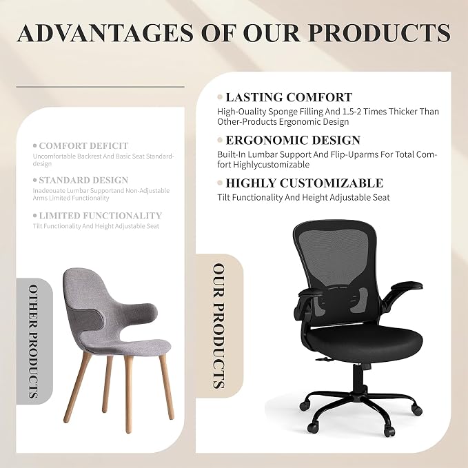 Flysky Mesh Office Chair, Ergonomic Computer Desk Chairs (Black, Set of 1) | Comfy/Comfortable Flip-up Arm Rests, Lumbar Support, Height Adjustable, 360 Degree Rolling Swivel for Home Office - Image 4