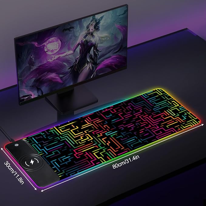 Wireless Charging RGB Gaming Mouse Pad, 31.5 x 11.8 Inch Extended Mouse Mat with Neon Geometric Line Design, LED Desk Pad with 7 Lighting Modes, Non-Slip Base for Gaming & Office - Image 2