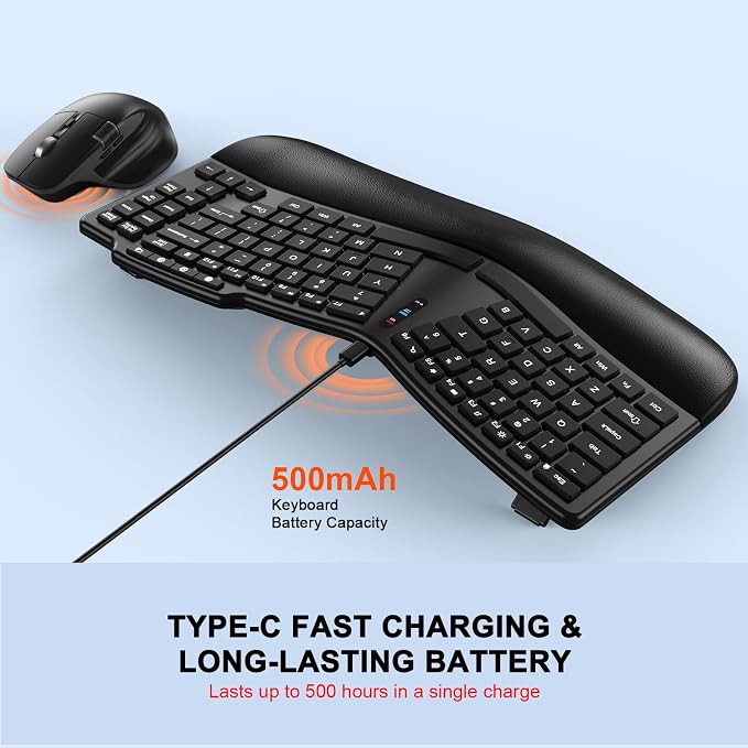 Ergonomic Wireless Keyboard Mouse, Wave Key Bluetooth/2.4G Split Design Ergo Keyboard Mouse Combo with Cushioned Palm Rest, Multi-Device, Rechargeable, for Multi-OS, Windows/Mac/Android - Image 5