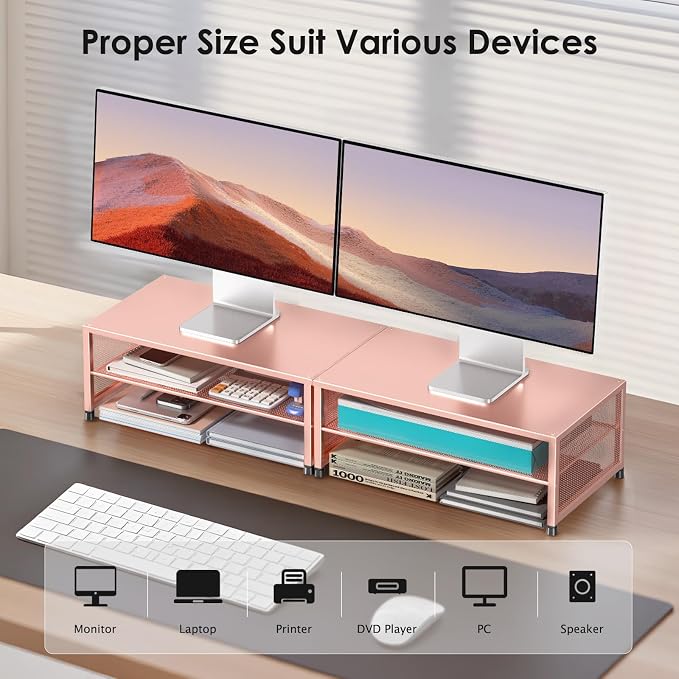ECOLOVI 2-Tier Computer Monitor Stand Riser, Printer & Laptop Stand, Office Desk Accessories, Workspace Desk Organizer for Home Office Supplies, Rose - Image 4