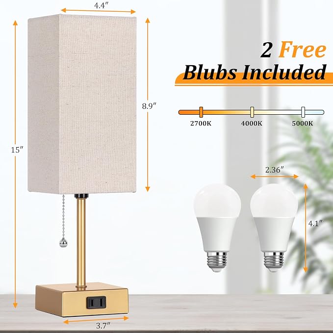 Table Lamp for Bedroom set of 2,3-Color Bedside Lamps with Pull Chain Gold | Table Lamps for Nightstand with AC Outlets,Small Night Light Lamps with 2 Bulbs Lamps for Living Room Kids Room Office Decor - Image 4