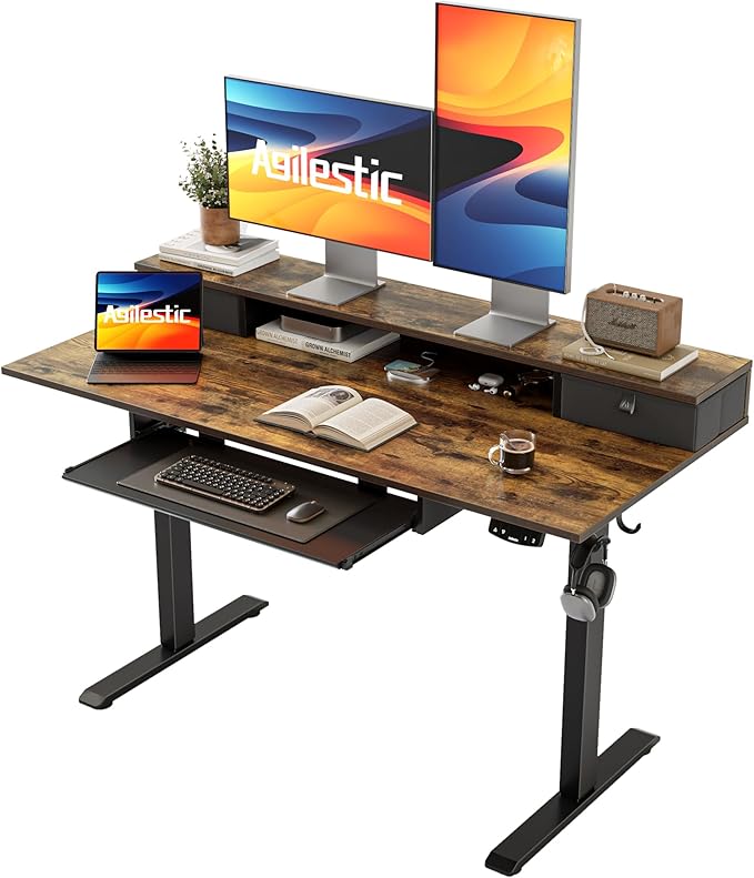 Agilestic 48 Inch Standing Desk with Drawers & Keyboard Tray, Rustic Brown | Electric Height Adjustable, 2 Storage Drawer, Monitor Stand, Sturdy Steel Frame, Memory Presets, Hooks, 154 lbs, Splice Board by Agilestic