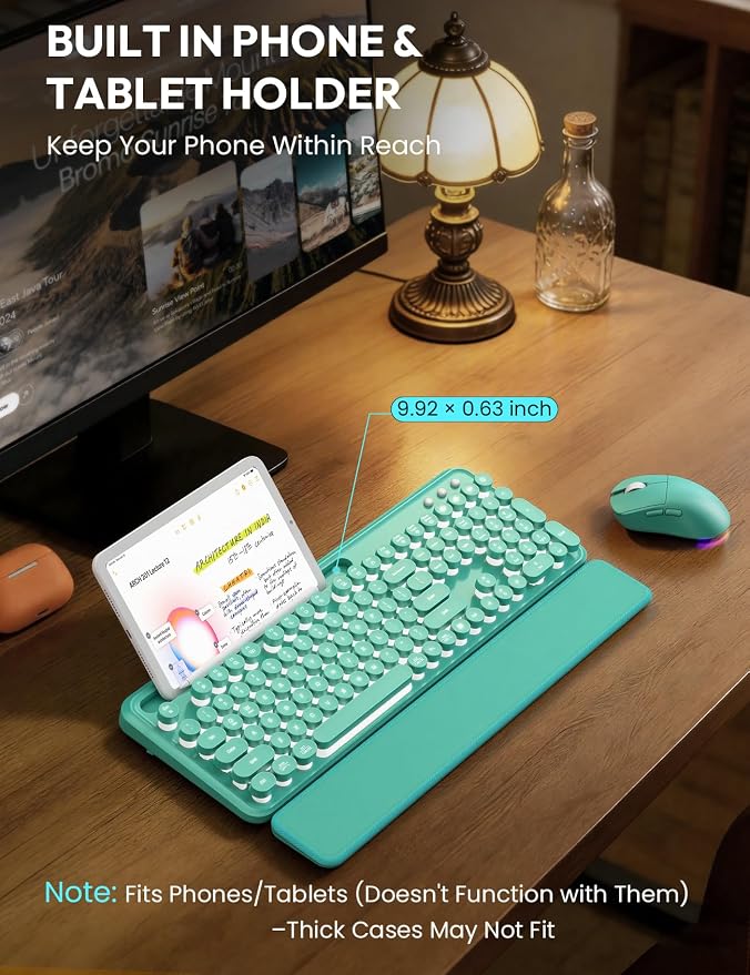 Wireless Keyboard and Mouse, Backlit Typewriter with Magnetic Wrist Rest | Phone Holder, Light Up Round Keycaps, Lighting Mouse, 2.4GHz Cordless Set for Mac, Windows, PC, Laptop, SABLUTE - Image 4