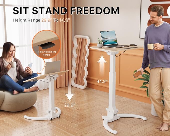 JOY worker Foldable Mobile Standing Desk, 90° Tilt Rolling Laptop Desk, Oak | Tiltable MDF Laptop Desk, Portable Cart with Hidden Wheels & Low Base, Collapsible for Storage, Holds 22lbs, Home Office - Image 4