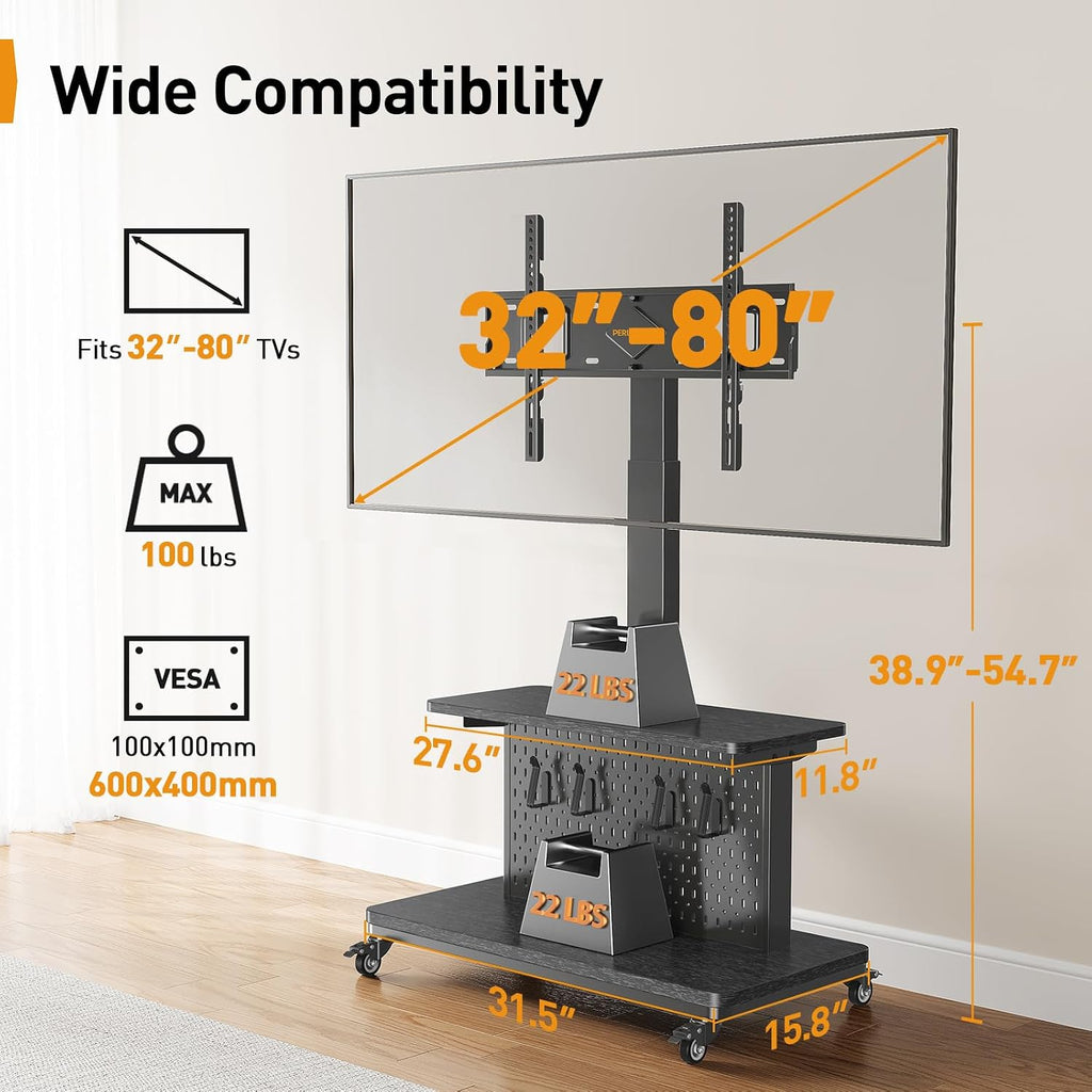 Perlegear Motorized Mobile TV Stand with Pegboard Storage for 32–80" TVs - Image 2