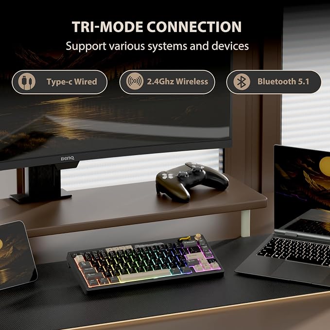 RK ROYAL KLUDGE M65 Wireless Gaming Keyboard with Volume Knob, 60% Hot Swappable Mechanical Keyboard 2.4G/BT/USB-C, Gasket Mount, Battery Display, PBT Keycaps, Hot-Swappable Cream Switch, Black - Image 3