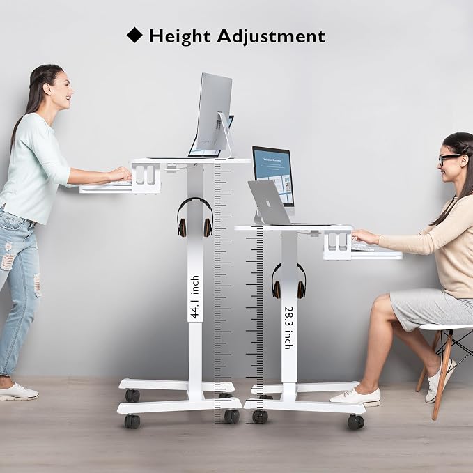 BONTEC Mobile Standing Desk with Keyboard Tray, Mobile Podium on Wheels | Rolling Laptop Sit Stand Desk, Adjustable Height Desk Up to 33lbs, Portable Computer Workstation Cart for Living Room, White - Image 3