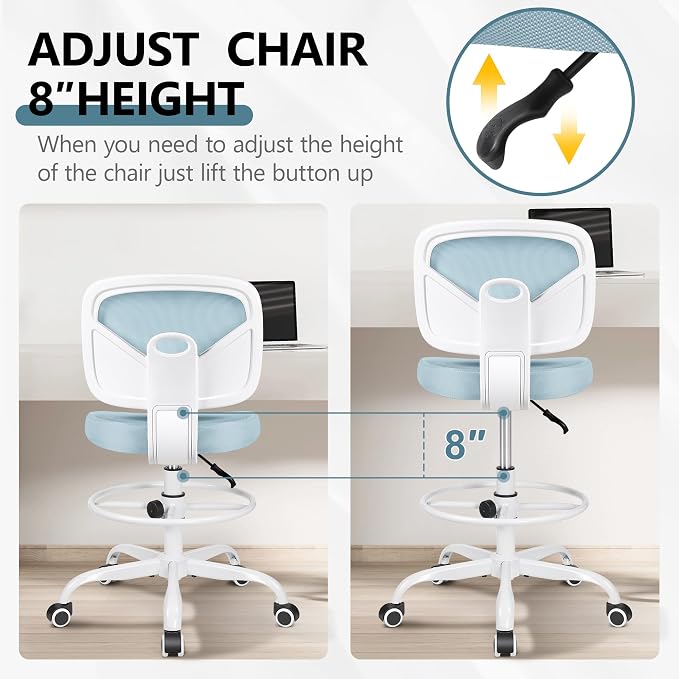 Tall Drafting Desk Chair - Armless, Adjustable Height, Mesh Back, Rolling, Standing Desk Chair for Art Room, Office or Home (Light Blue) - Image 6