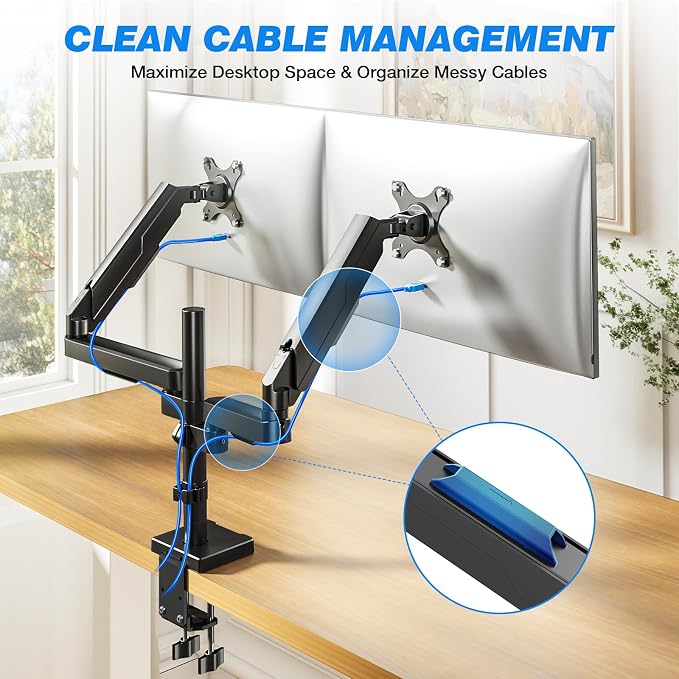 Rfiver Dual Monitor Stand Desk Mount for 17-34" Screens Holds up to 22lbs | Full Motion Height Adjustable, Tilt/Swivel, 360 Rotation VESA 75/100mm, Compatible C-clamp/Grommet Base Install - Image 6