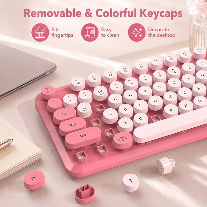 Wireless Keyboard and Mouse Combo, Round Keycaps, Magnetic Wrist Rest, Pink | Full-Size Retro Typewriter-Style Keyboard, Tilt Legs, Auto Sleep, 2.4GHz Cordless for MacOS, Windows PC, Laptop, SABLUTE CK23 - Image 6