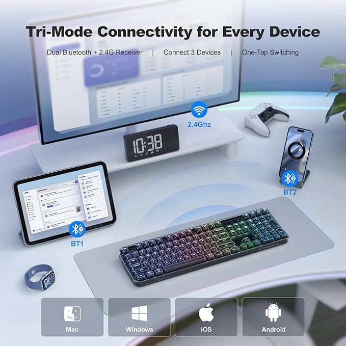 Clear Wireless Keyboard, Tri-Mode Bluetooth/2.4G Rechargeable Keyboard with RGB Backlit, Ergonomic Computer Keyboard with Transparent Keycaps for PC Laptop Desktop Home Office-Black Pearl - Image 4