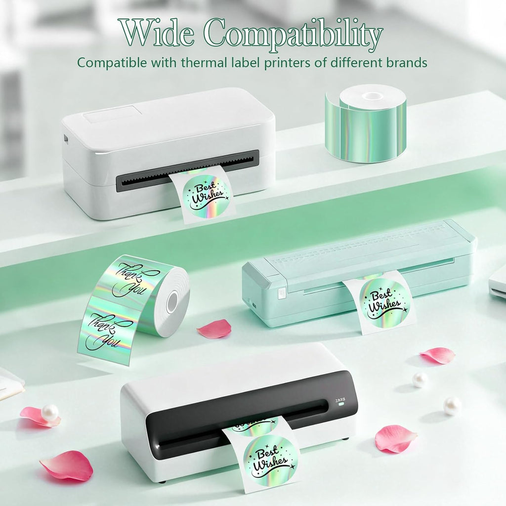 2 Inch Holographic Thermal Sticker Labels,Rainbow Glitter Finish, Water-Proof & Tear-Resistant Label, No Residue Removable Label for Price/Name Tag, Logo Design,Light Green, (200Labels/Roll) - Image 3