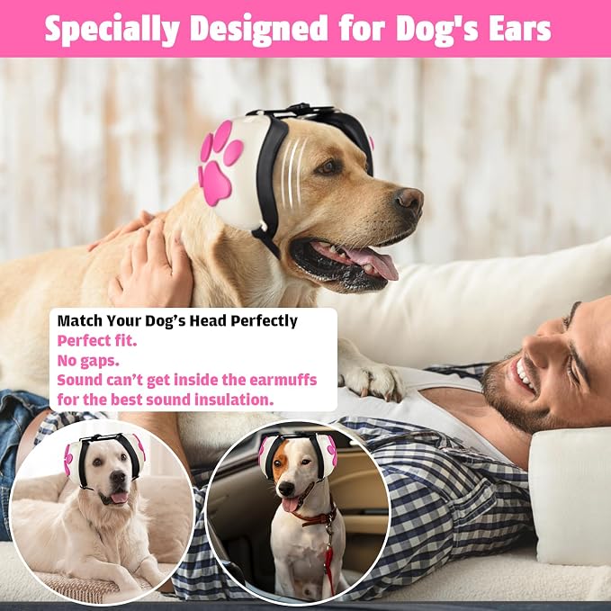 Dog Ear Muffs Noise Protection - 32dB NRR Noise Cancelling Headphones | Upgraded Calming Earmuffs for Hearing Protection, Thunder, Fireworks & Hunting with Dog Paw Design (M, White-Pink) - Image 2