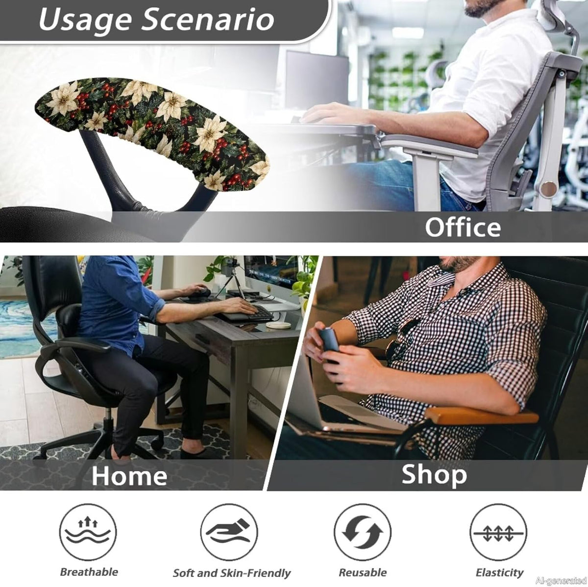 Christmas Floral Print Office Chair Arm Rest Slipcover Sets of 2 Anti-Dust Gaming Chair Armrest Covers Universal Fits Rotating Desk Gaming Chairs, Easy to Install & Clean - Image 6