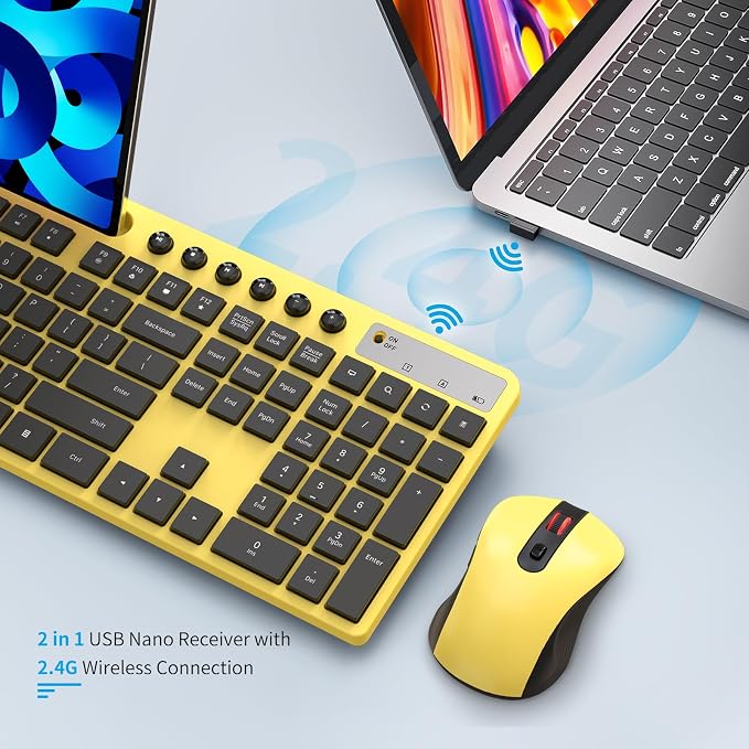 Wireless Keyboard and Mouse Combo, MARVO 2.4G Ergonomic Wireless Computer Keyboard with Phone Tablet Holder, Silent Mouse with 6 Button, Compatible with MacBook, Windows (Yellow) - Image 5