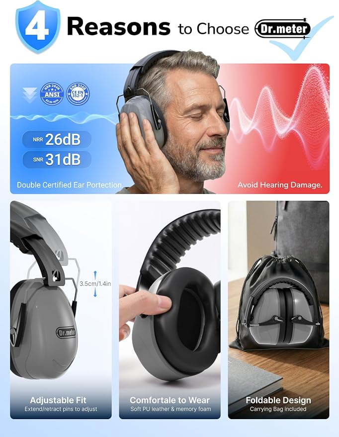 Dr.meter Hearing Protection Earmuffs, 31dB Noise Reduction Safety Ear Muffs with Adjustable Headband for Adults Kids Autism Sensory, Ear Muff for Yard Work, Mowing or Hunting -Grey - Image 5